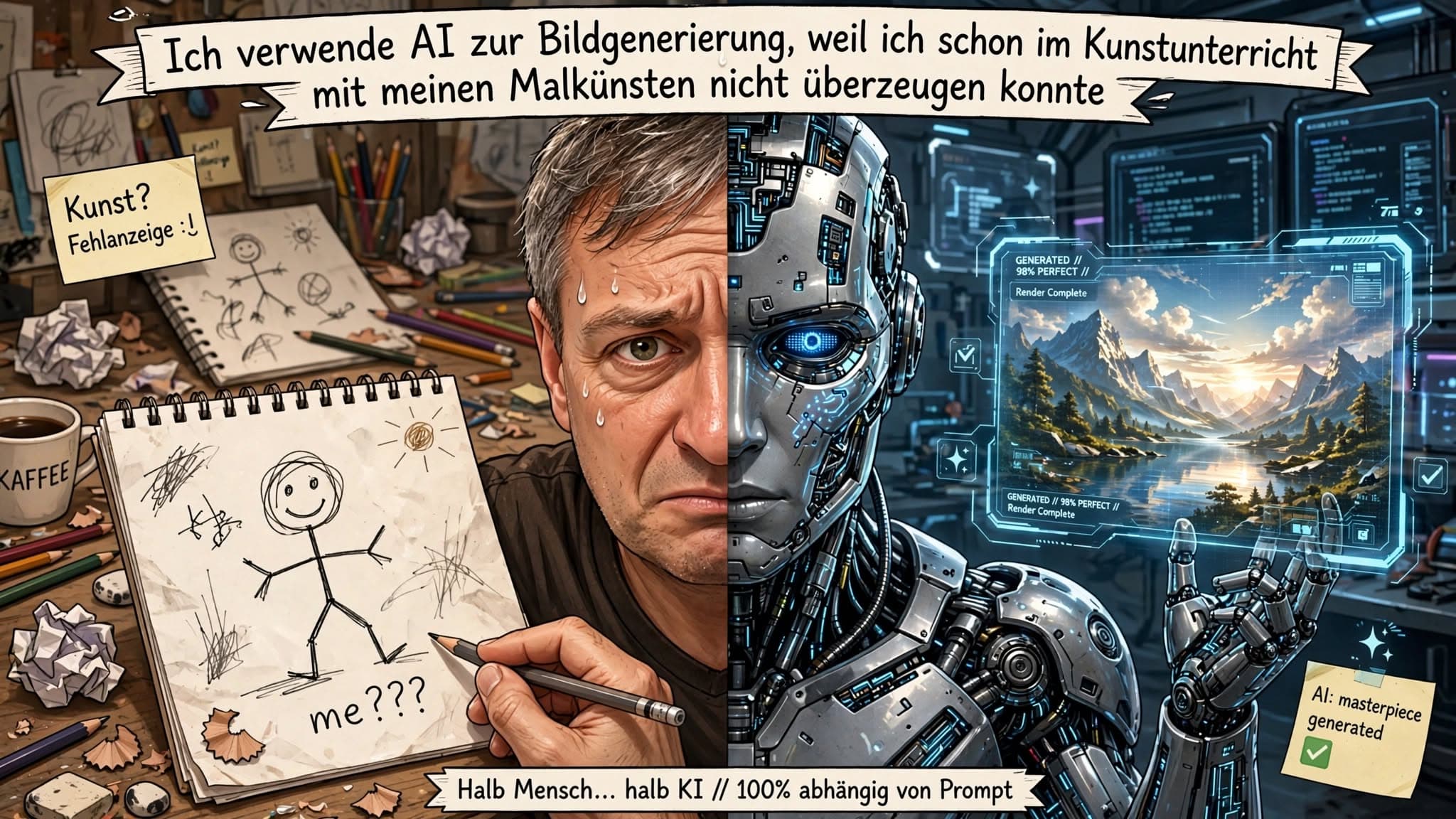 Geteilte Illustration: ein Mensch mit Skizzen und ein KI-Roboter mit digitaler Bildgenerierung