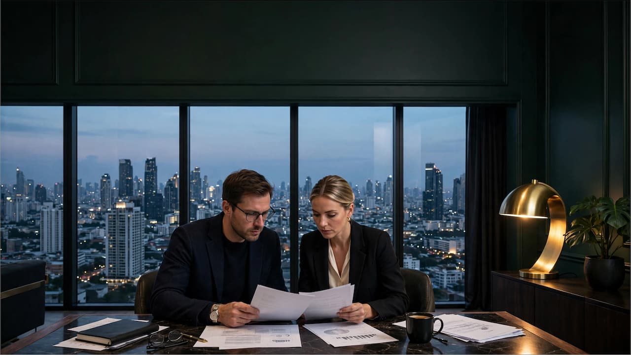 DACH Expat Paar Mitte 30-40 prüft in dunklem Premium Büro Bangkok mit Skyline Blick DBA Deutschland Thailand Dokumente und Steuerunterlagen, goldene Akzent Lampe #C4A75F – Vermögenstrennung vor 2024 vs ab 2024