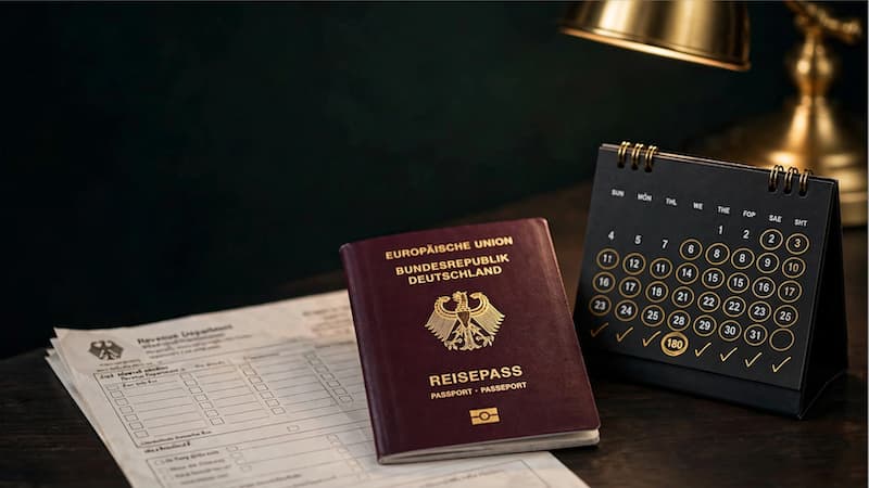 Deutscher Reisepass Europäische Union auf thailändischem Revenue Department Steuerformular und schwarzem Tischkalender mit goldener 180 Markierung, goldene Lampe, dunkler Hintergrund – 180 Tage Regel Thailand Steueransässigkeit