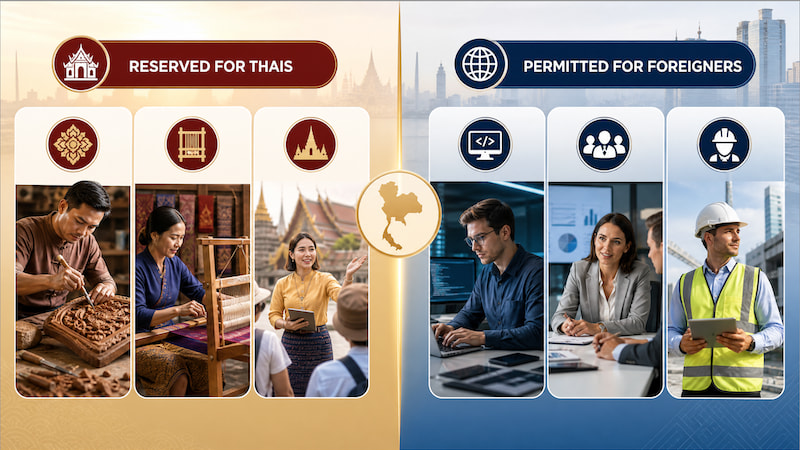 Jobs in Thailand – Links reservierte Berufe nur für Thais  (Holzschnitzerei, Weberei, Tourismus-Guide), rechts erlaubte Tätigkeiten  für Ausländer mit Arbeitserlaubnis (IT, Management, Ingenieurwesen) |  Arbeitserlaubnis Thailand Überblick
