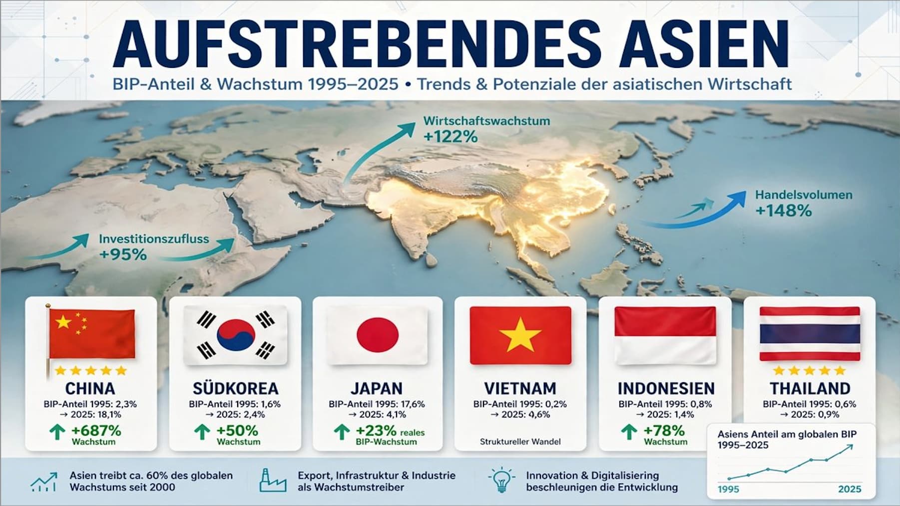 Aufstrebendes Asien BIP Wachstum Trends 1995 2025 ASEAN Länder China Südkorea Japan Vietnam