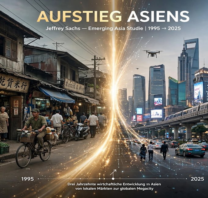 Aufstrebendes Asien Wandel 1995 zu 2025: von traditionellen Märkten zur modernen Megacity Skyline nach Jeffrey Sachs Prognose