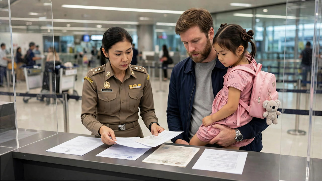 Thai Immigration Officer Suvarnabhumi Airport prüft Dokumente ausländischer Vater mit thailändischem Kind Consent Letter Geburtsurkunde