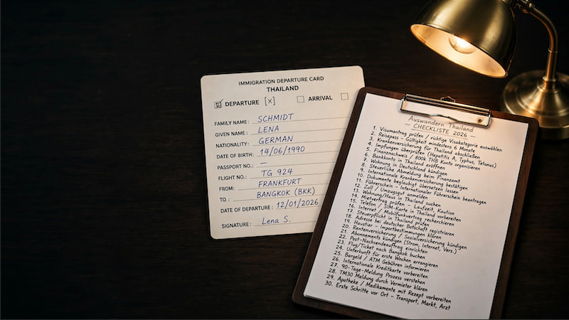 Thailand Immigration Departure Card Departure x Arrival und Clipboard mit handschriftlicher 30 Punkte Auswandern Thailand Checkliste 2026 auf dunklem Holztisch mit goldener Lampe, Visum Krankenversicherung Bankkonto TM30 90 Tage Meldung