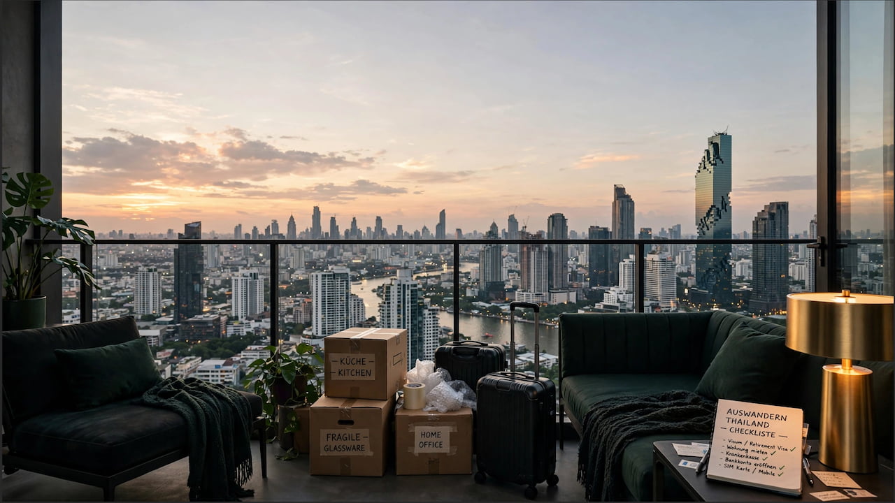 Luxus Condo Bangkok Balkon mit Umzugskartons Küche Kitchen Fragile Home Office und schwarzen Koffern, Bangkok Skyline Sonnenuntergang Chao Phraya, dunkles Sofa, goldene Lampe, Checkliste auf Tisch