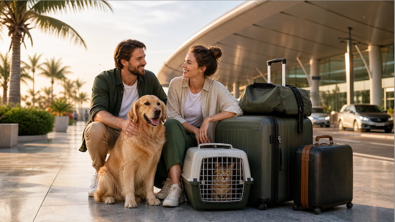 Ein Paar mit Hund, Katze, Transportboxen und Gepäck an einem thailändischen Flughafen in einer warmen redaktionellen Bildsprache.