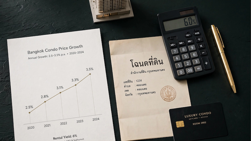 Bangkok Condo Price Growth Chart 2020-2024 2,5% bis 3,5% p.a. | Rental Yield 6% | Chanote Title Deed thailändisch | Taschenrechner 6.0% | goldener Stift | Modell Hochhaus | Luxury Condo Keycard Room 2802 | dunkler Tisch