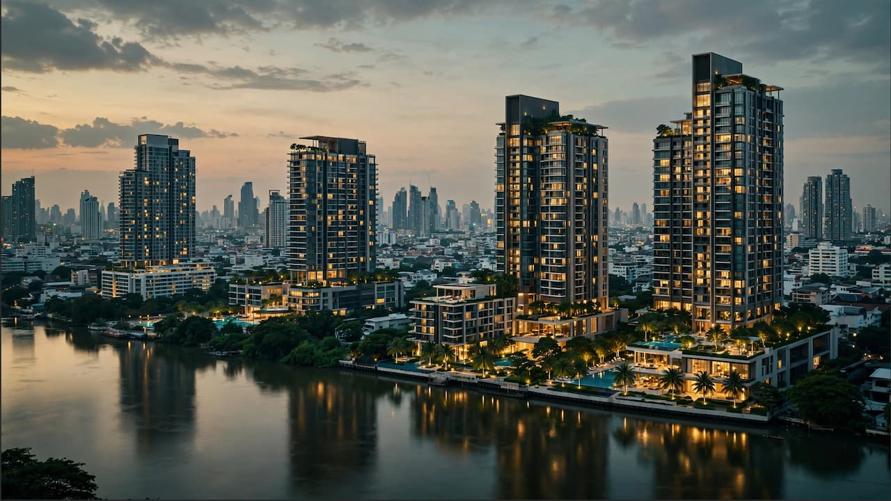 Bangkok Riverside Luxus Condos bei Sonnenuntergang | beleuchtete Hochhäuser am Chao Phraya Fluss | Investment Sukhumvit Sathorn Rama 9 | 6% Mietrendite | dunkler Himmel Gold Lichter