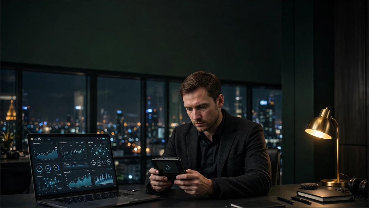 EU Unternehmer in dunklem Premium Büro Bangkok bei Nacht prüft Bitcoin Cold Wallet und Laptop mit Blockchain Analytics Dashboard – legale Self-Custody und DAC8 CARF Compliance statt illegaler Anonymisierung
