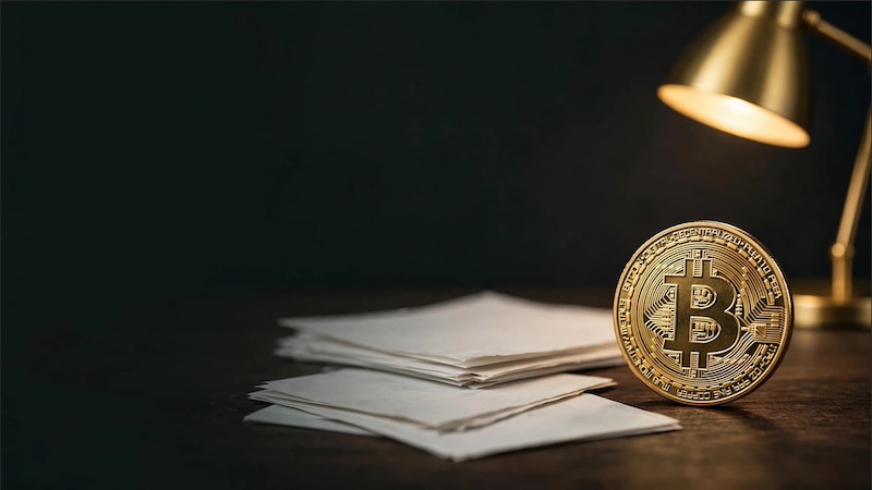 Goldene Bitcoin Münze steht auf dunklem Holztisch neben weißen Dokumenten – EU DAC8 Richtlinie 2023/2226 und Krypto Steuer Transparenzgesetz, goldene Schreibtischlampe #C4A75F, dunkler Hintergrund #121E18 – gläsernes Konto