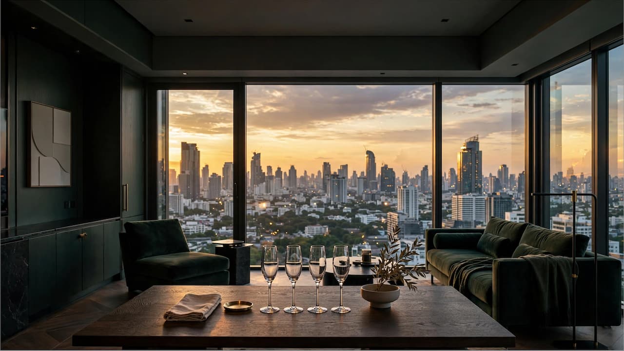 Luxus Condo Interior Sukhumvit Bangkok mit bodentiefen Fenstern und Bangkok Skyline Sonnenuntergang, 4 Champagner Gläser auf Holztisch – Co-Ownership Erfolg für DACH Investoren, Vermögensschutz außerhalb EU mit Mieteinnahmen