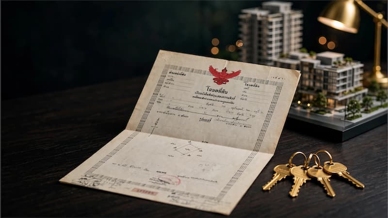 Thailändische Chanote Grundbuchurkunde mit Garuda Siegel und 4 goldenen Schlüsseln auf dunklem Holztisch, Luxus Condo Modell Bangkok im Hintergrund – Co-Ownership mit bis zu 4 Partnern, Freehold Eigentum, 49% Foreign Quota