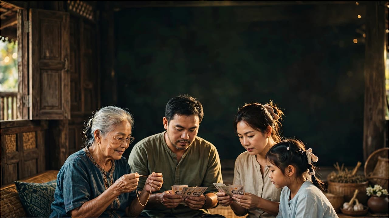 Thailändische Großfamilie mit vier Generationen in traditionellem Holzhaus – Großmutter hält goldene Kette, Eltern zählen Thai Baht Scheine, Tochter schaut zu – Familie als soziale Währung und Sicherheitsnetz in Thailand