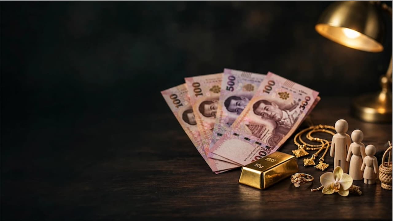 Drei Währungen Thailands auf dunklem Holztisch – Thai Baht Scheine, Goldbarren 10g und goldene Kette mit Holz Familienfiguren, goldene Lampe #C4A75F, dunkler Hintergrund #121E18 – Baht, Gold und Familie als Währungen