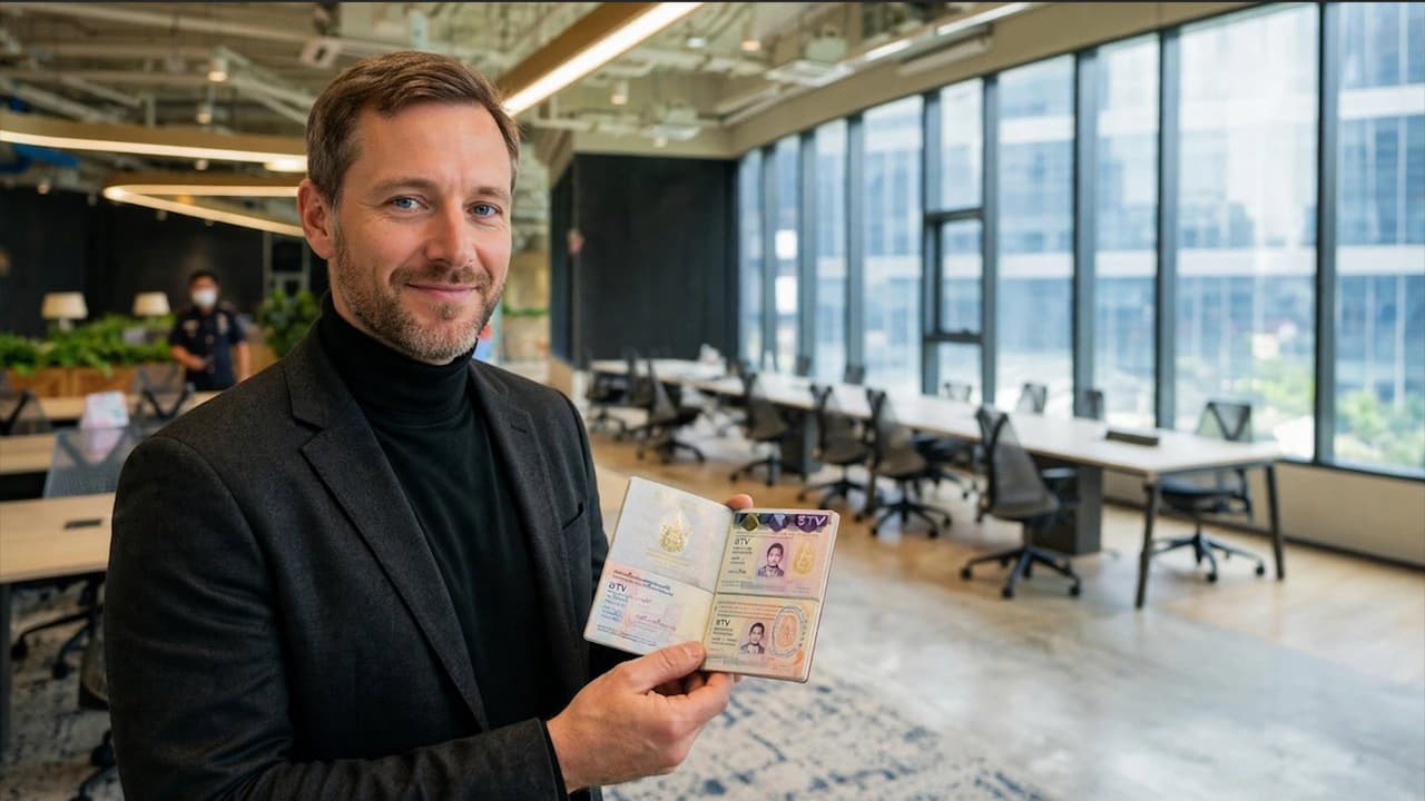 Lächelnder EU-Unternehmer um die 40 präsentiert seinen Reisepass mit genehmigtem Thailand DTV Visum im modernen Co-Working Space True Digital Park Bangkok. Im unscharfen Hintergrund eine thailändische Beamtin. Natürliches Fensterlicht, Erfolgsmoment ohne Touristenklischee – steht für ortsunabhängiges Arbeiten und legalen Langzeitaufenthalt in Thailand.