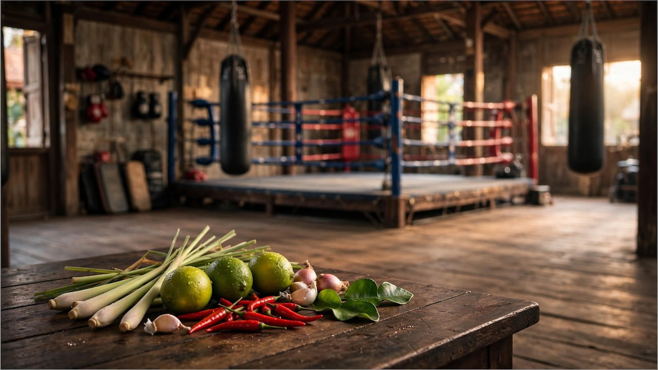 Erfahrungen mit DTV Visum Thailand über Soft Power - Traditionelles Muay Thai Gym mit thailändischen Kochzutaten, Symbol für Hürden bei Bankkonto, Steuer und Verlängerung