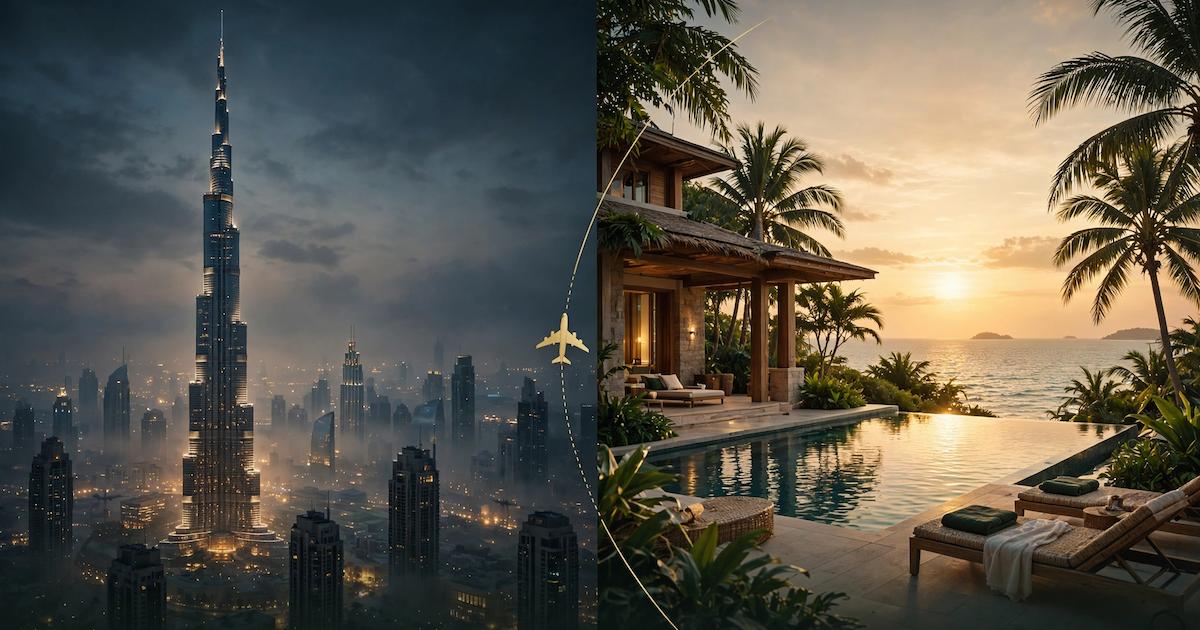 Dubai Skyline bei Nacht mit Unwetter und Flugroute nach Thailand Luxusvilla - Plan B für Expats aus den VAE 2026