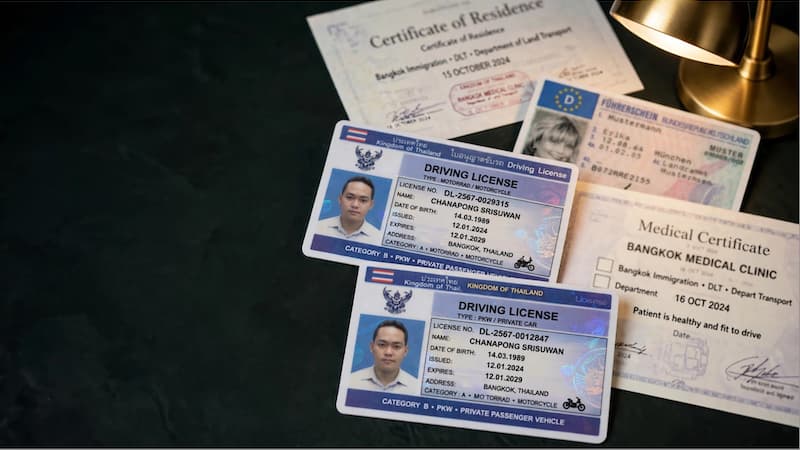 Thailändischer Führerschein PKW Motorrad Driving License 2 Karten Kingdom of Thailand auf dunklem Tisch neben deutschem Führerschein Muster, Certificate of Residence Bangkok Immigration und Medical Certificate Bangkok, goldene Lampe