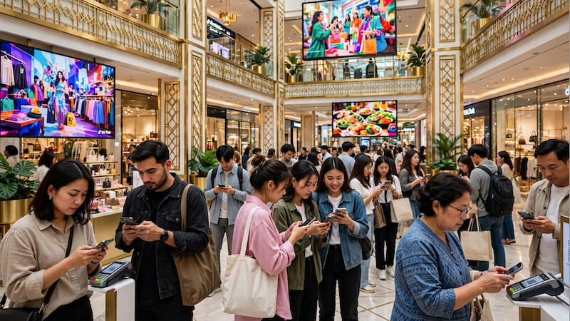 Thailändische Shopper nutzen QR Code E-Wallet Zahlung in Bangkok Mega Mall während TikTok Shoppertainment Screens über ihnen laufen – Social Commerce Thailand 15 Mrd USD 2026 – hohe Mobile Penetration Fintech Adaption