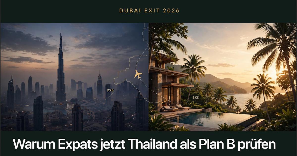 Dubai Skyline bei Nacht mit Unwetter und Flugroute nach Thailand Luxusvilla - Plan B für Expats aus den VAE 2026