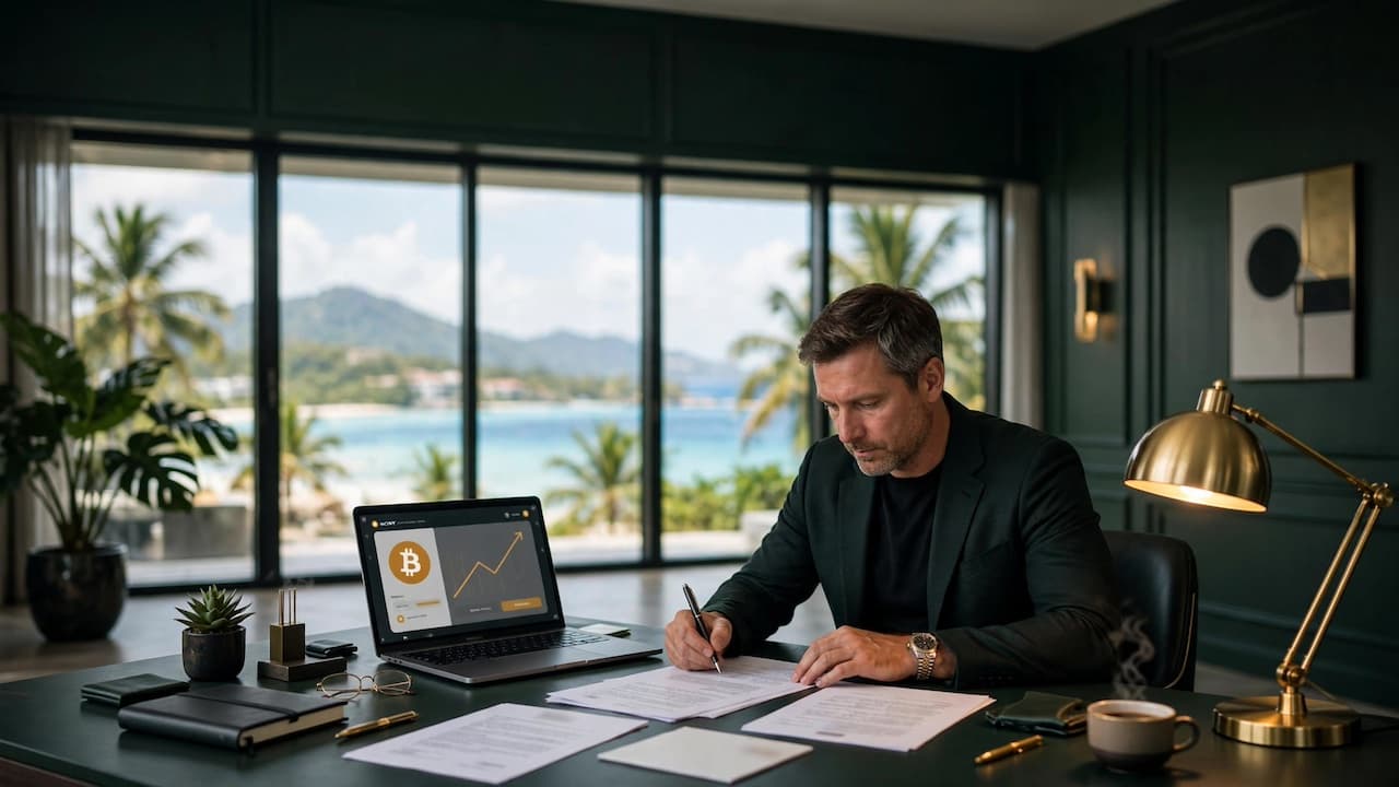 EU Gründer unterschreibt Próspera LLC Dokumente in modernem Luxury Office mit Roatán Blick und Bitcoin Chart auf Laptop – zweite Basis außerhalb EU mit Common Law und regulatorischer Wahlfreiheit