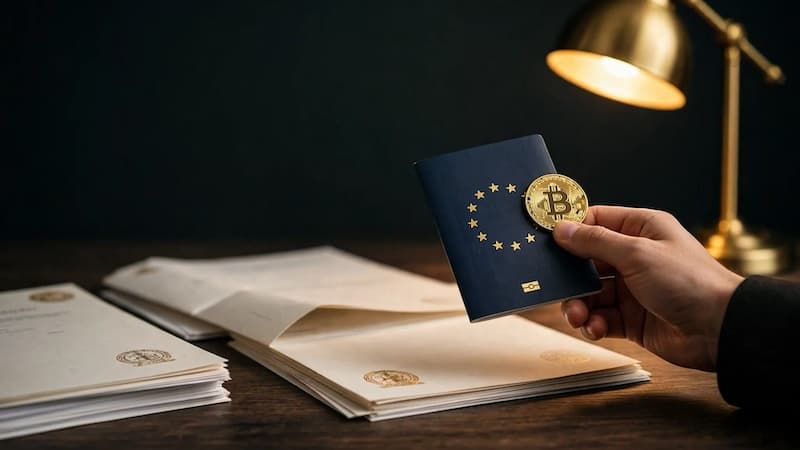 EU Unternehmer hält EU Reisepass und Bitcoin Münze über Próspera LLC Gründungsdokumenten – 1% Company mit $5.000 Flat Tax Residency Zahlung in Bitcoin, dunkles Premium Büro Bangkok