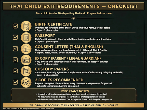 Visualisierte Checkliste: Birth Certificate Original + 3 Fotokopien, Passport gültig mind 6 Monate + 3 Kopien, Consent Letter Thai &amp; Englisch notarisiert vom nicht reisenden Elternteil mit ID Details + 3 Kopien, ID Copy Thai National ID oder Passport Bio Page + 3 Kopien, Custody Papers Court Order wenn zutreffend + 3 Kopien, 3 Copies Recommended – ein Set für dich, eins für Kind Rucksack, eins für Officer – Tipp: Organisiere in Folder – Bring Originals + 3 Copies – Important Notes: If traveling with only one parent/legal guardian notarized consent required – All documents originals for verification photocopies for submission – Verify current requirements with Thai Immigration Bureau &amp; airline prior departure – As of 2024 Subject to Thai Immigration regulations.