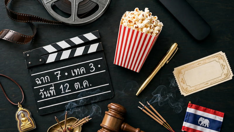 Thailand Kino Beitragsbild Flatlay, Filmrolle, Clapperboard Thai Schrift Szene, Popcorn rot weiß gestreift, Netflix Remote, goldener Stift, Thai Buddha Amulett, Räucherstäbchen Schale mit Rauch, Richterhammer Holz für Evil Lawyer, Kinoticket Gold Rahmen, Thai Flagge Elefant, dunkler Tisch