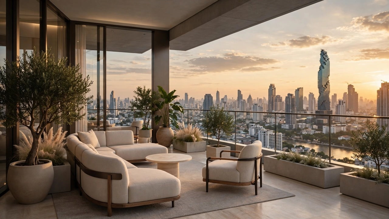 Luxus-Balkon eines High-End Condos in Bangkok bei Sonnenuntergang – Premium-Lebensstil mit dem 10-Jahres LTR Visum Thailand 2026