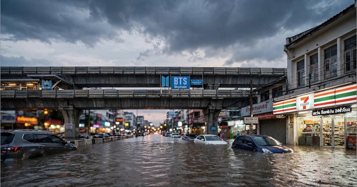 Überflutete Sukhumvit Road in Bangkok September 2026 bei Dämmerung – Autos bis zur Hälfte im Wasser unter BTS Skytrain Brücke, 7-Eleven beleuchtet, starker Monsunregen