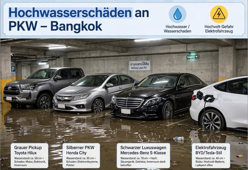 Hochwasserschaden Vergleich Bangkok – Vier überflutete Fahrzeuge in Tiefgarage: grauer Toyota Hilux Pickup, silberner Standard-Pkw, schwarzer Luxus-Sedan und weißes Elektroauto mit Ladeanschluss, Wasserstand und Hochvolt-Warnsymbol