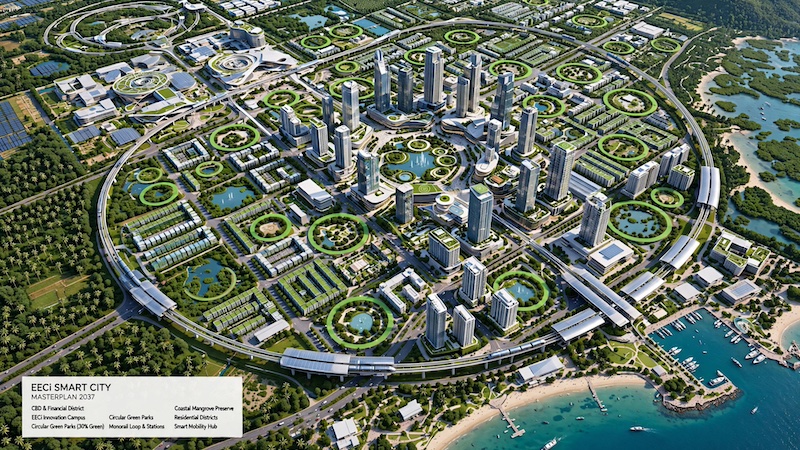 EEC Capital City Thailand Smart City Masterplan 2037 – Luftbild grüne Stadt bei Pattaya mit CBD und Monorail