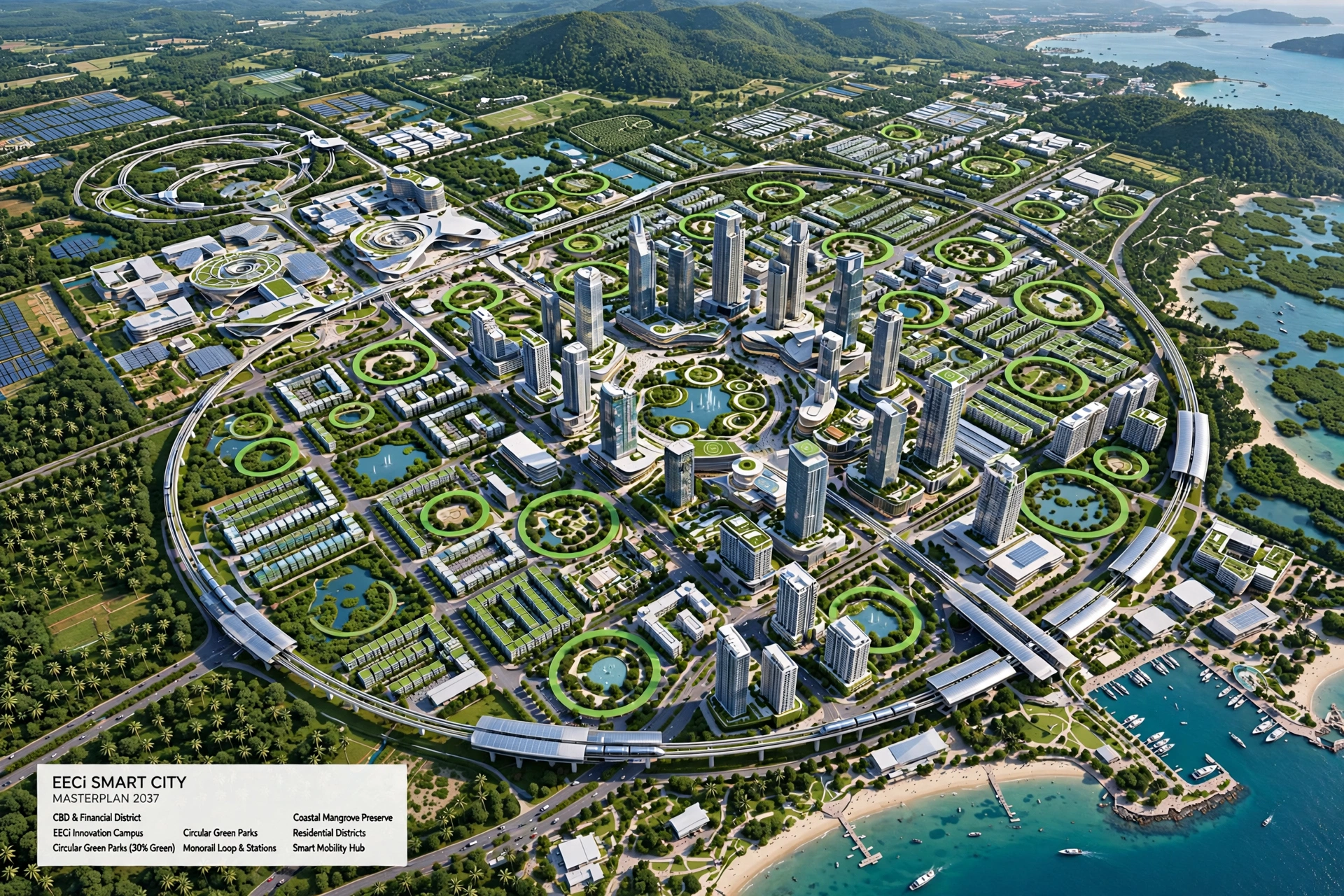 EEC Capital City Thailand Smart City Masterplan 2037 - Luftbild grüne Stadt bei Pattaya