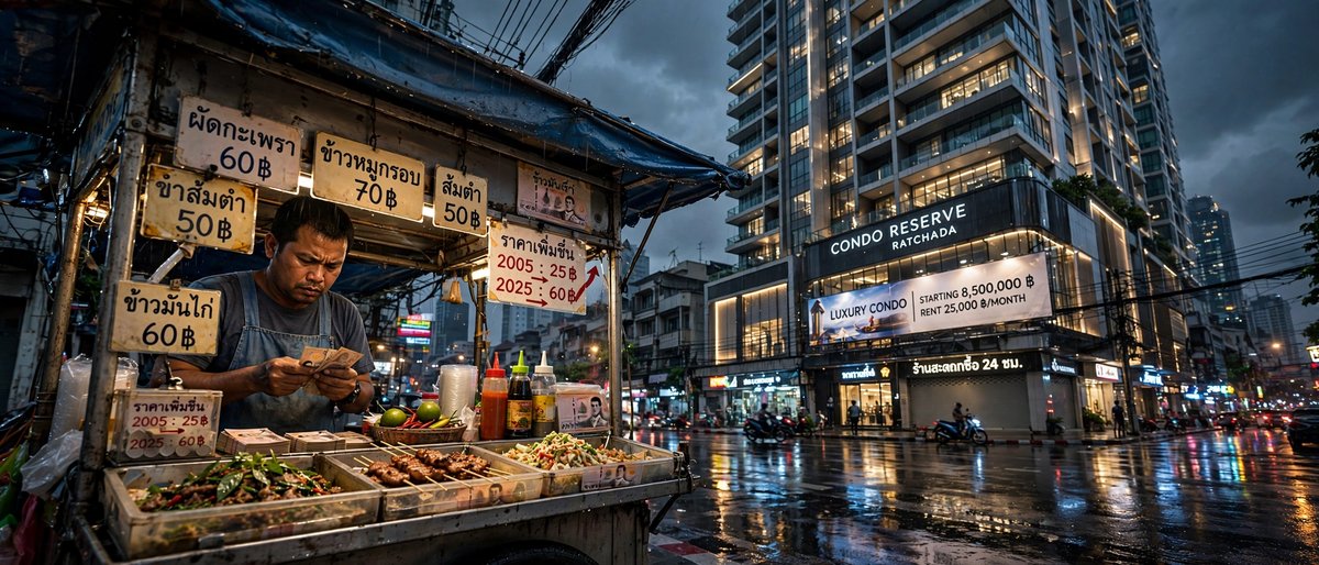 Bangkok Streetfood Preissteigerung 2005-2025 - 60 Baht Gericht vor Luxury Condo Ratchada - Symbolbild für Lebenshaltungskosten Thailand