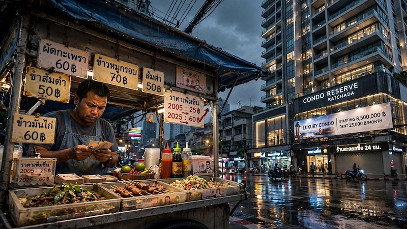 Bangkok, Ratchada: Streetfood-Stall 60 Baht – dahinter Luxury Condo ab 8,5 Mio. Baht. Das Bild der Schere, die Thailand prägt.