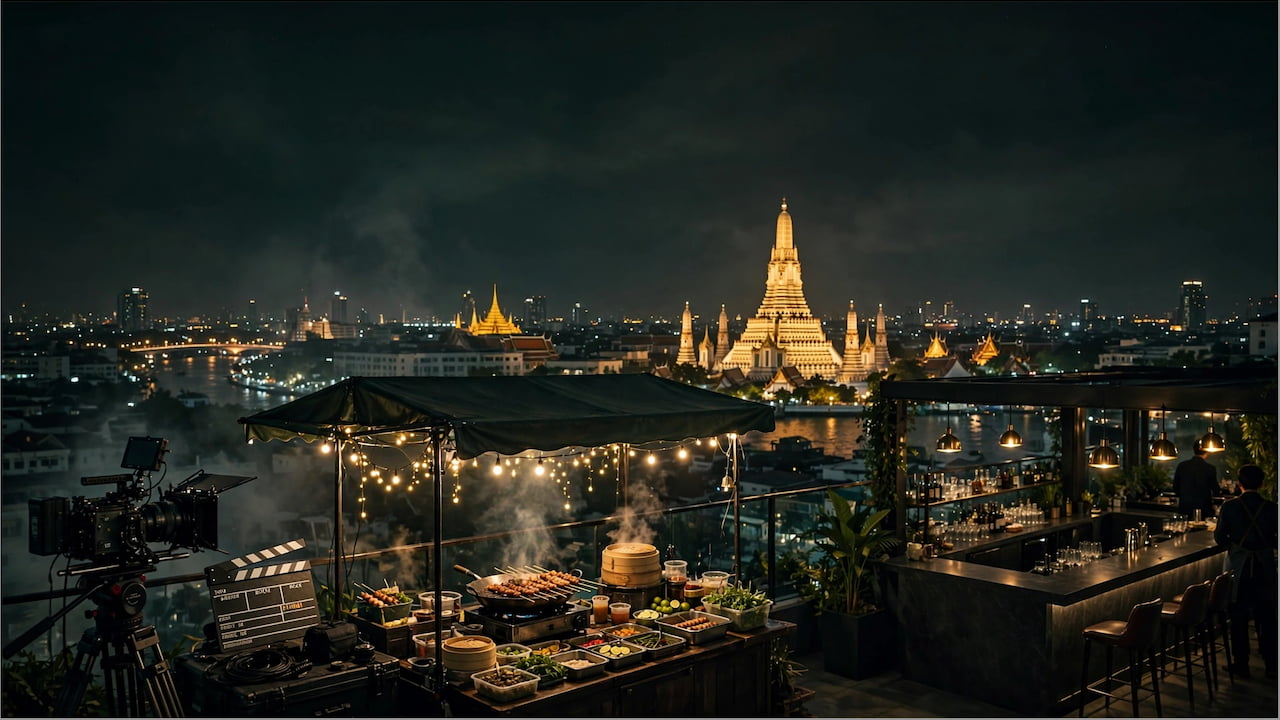 Thailands Kino mehr als nur Strände und Tempel, Bangkok Nacht Rooftop Filmset mit Kamera und Clapperboard, Street Food Stall mit Lichterkette und Dampf, Fine Dining Rooftop Bar Gold Lichter, beleuchteter Wat Arun Tempel und Chao Phraya Fluss im Hintergrund für DACH Auswanderer