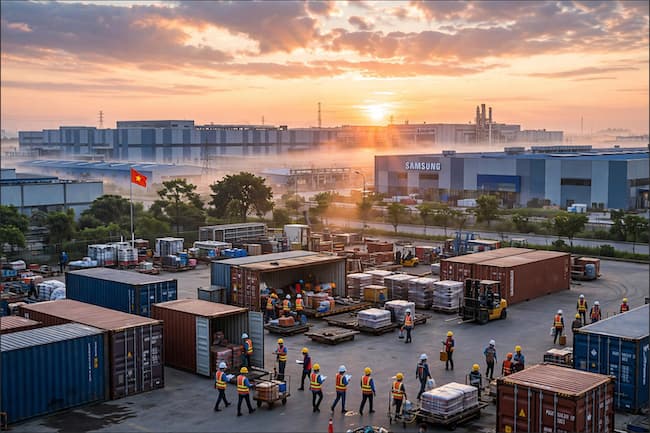 Moderner Industriepark Bac Ninh in Vietnam mit Samsung High-Tech Fabriken bei Sonnenaufgang | Symbol für FDI Wachstum